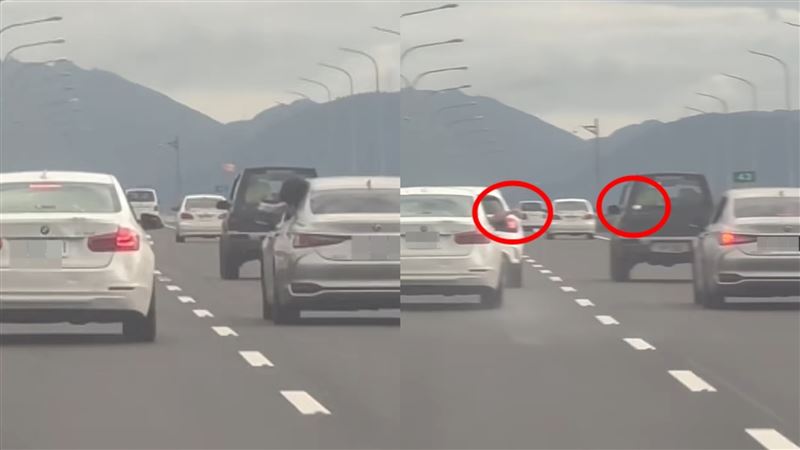 整段僅 20 秒的影片中，至少出現 3 顆水球飛過車道，畫面驚險又荒謬。（圖／爆料公社）