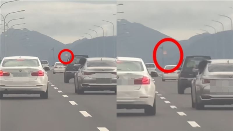 國五驚見兩輛車在高速下玩起水球大戰。（圖／爆料公社）