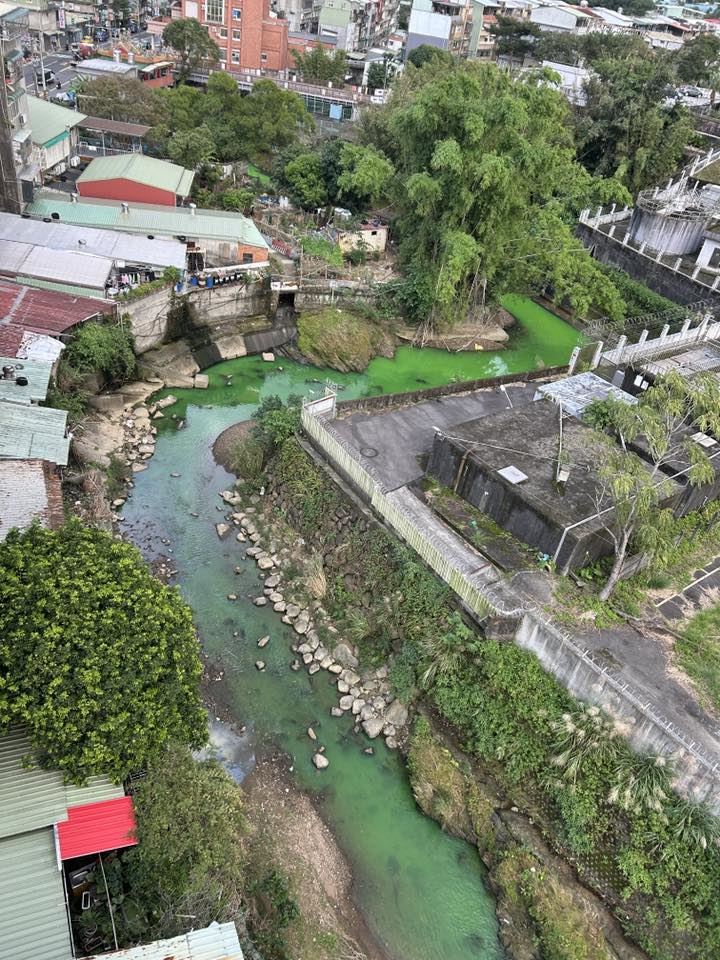 五重溪的溪水染成螢光綠範圍不小。（圖／民眾提供）