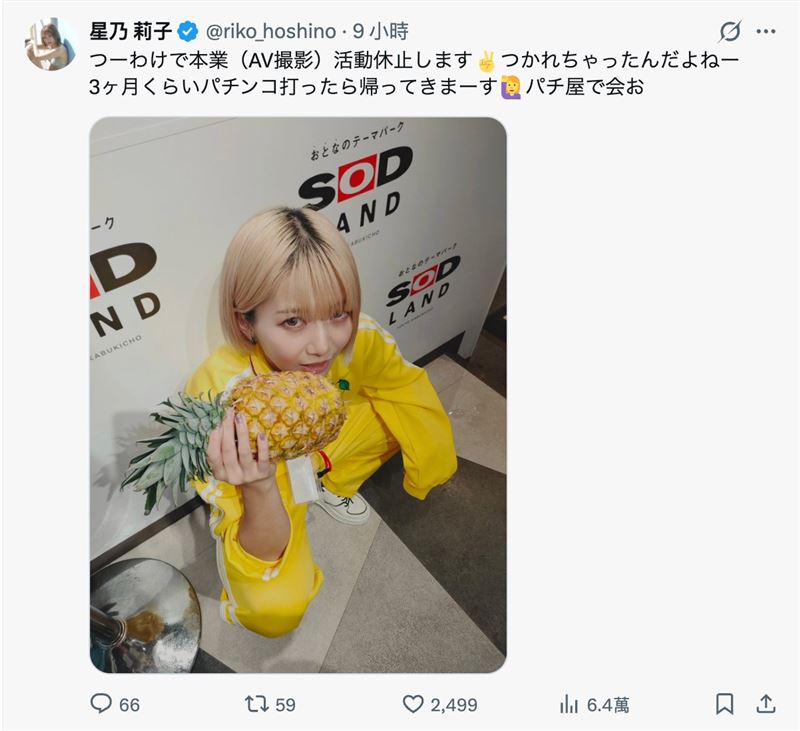 AV女優星乃莉子出道3年，近日在社群宣布暫時不拍A片，理由是「累了」。（圖／翻攝自星乃莉子Ｘ）