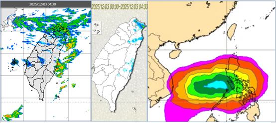 雷達回波合成圖顯示，迎風面降水回波增多(左)，北部、東北部及東部開始有局部降雨(中)。歐洲系集模式9日20時模擬圖顯示，熱帶擾動有發展成颱的機率，下週將循「天琴」的路徑，通過菲律賓中部、進入南海，一路西進(右)