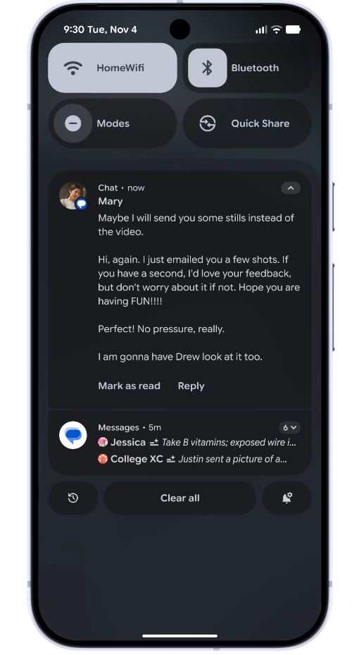AI通知摘要，自動濃縮冗長的訊息和群組聊天內容。（圖／Google提供）