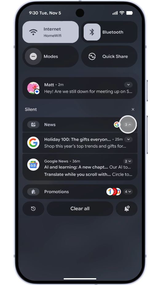 通知整理功能，系統會自動辨識並把次要通知進行分類或靜音。（圖／Google提供）