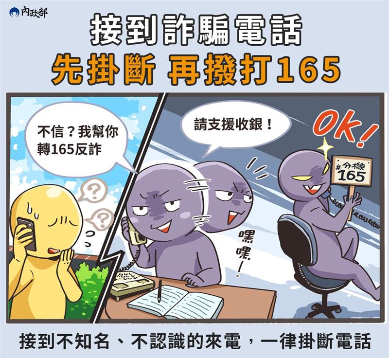 內政部提醒，接到不認識的電話說要轉接165反詐專線，一率掛電話後再行撥打。（圖／內政部）
