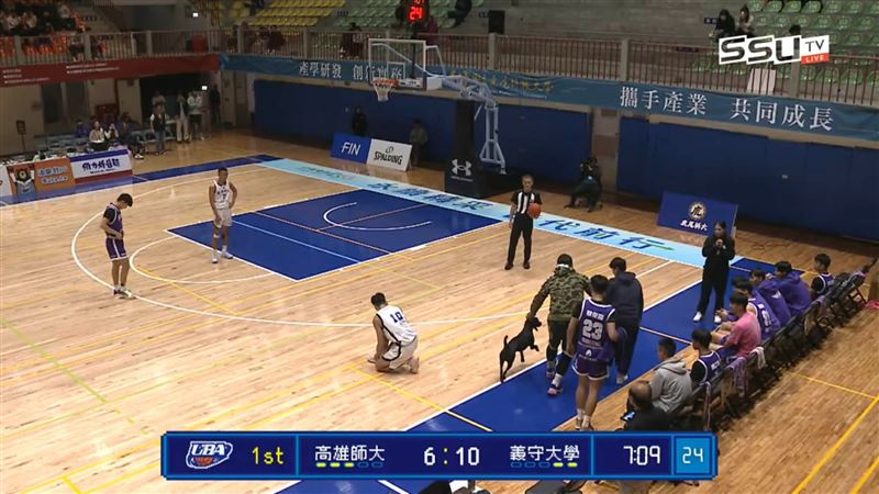 場邊DJ林志彥協助下才將狗拖離球場，讓比賽能夠順利進行。（圖／翻攝自SSUtv Sports YouTube）