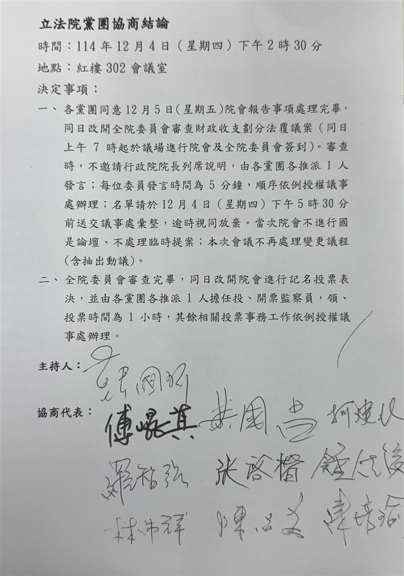 針對財劃法覆議案，各黨團達成共識。（圖／翻攝畫面）