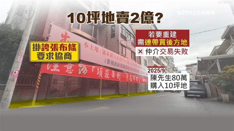 陳先生在今年9月以80萬元購入這個10坪地，但如果土地想要用來重建，必須得連帶買下後方這塊地，但卻交易失敗，才憤而掛上布條要求協商