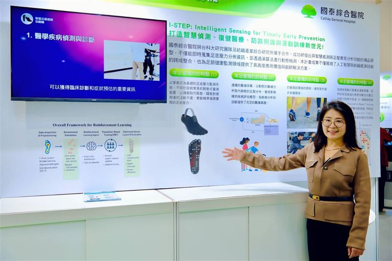 國泰醫院展示智慧感測足壓異常分析功能襪。(圖/國泰醫院提供)