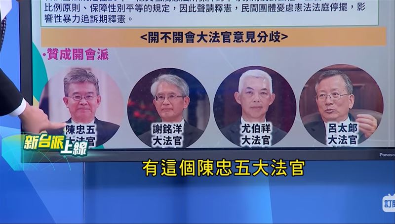 大法官意見分歧，有五位大法官支持開大法官會議，三位反對，認為要遵守法律。(圖/新台派上線)
