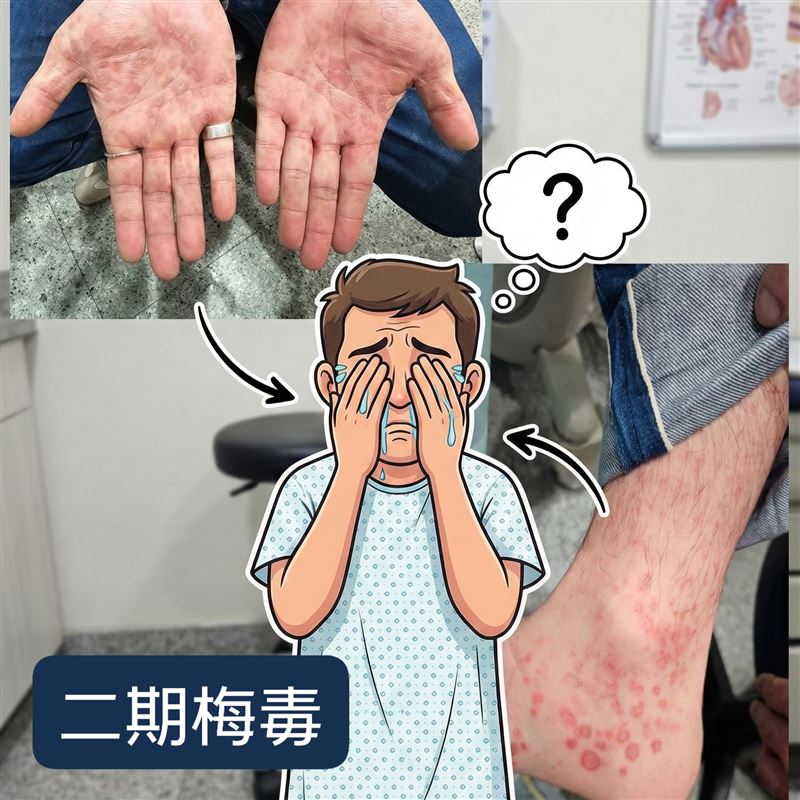 一名男子的手掌滿是紅色斑點，抽血檢查發現，竟感染梅毒。(圖／取自蘇信豪醫師的臉書)