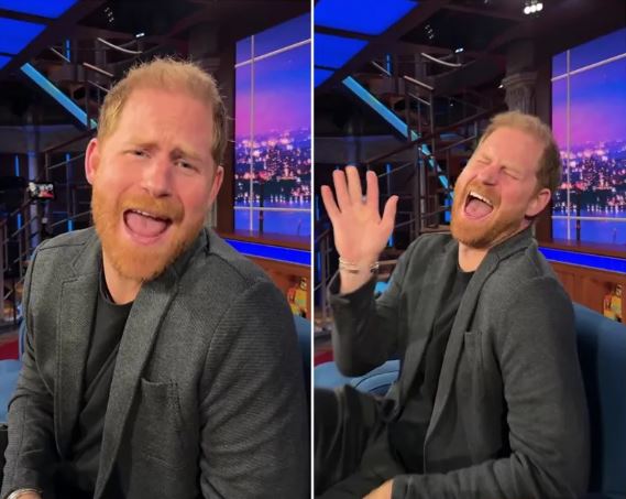 哈利在預告片中大玩爆紅的對嘴片段，舉止浮誇。（翻攝The Late Show IG）