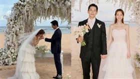 溫朱莞與Girl’s Day方珉雅在峇里島舉行浪漫海邊婚禮，方珉雅交換戒指還在新郎手上獻吻。（翻攝kim___dwaku、hoygold IG）
