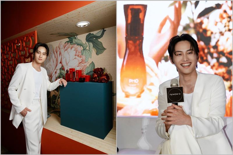 范少勳用牡丹花后油提亮底妝，蘭花油混身體乳打造自然光感肌膚，線條更明顯。（圖／nywow o提供）