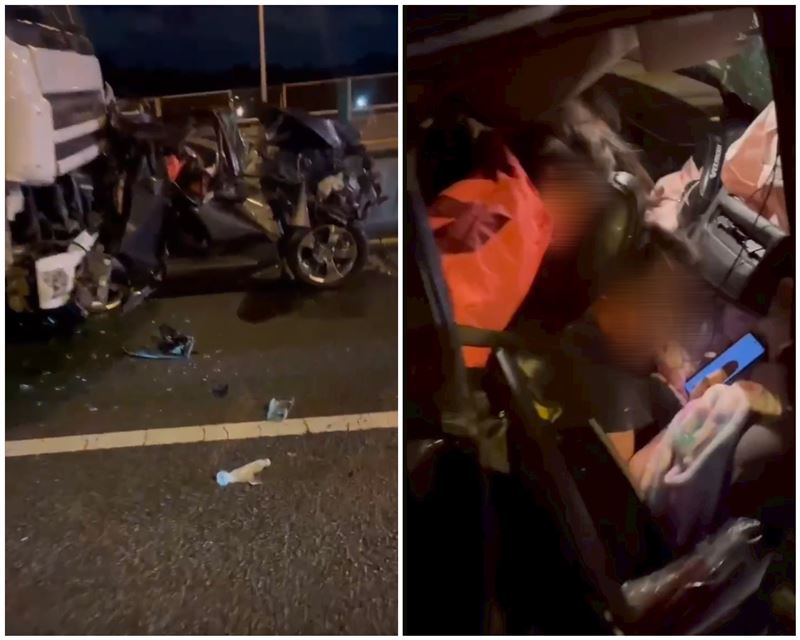 一輛自小客被撞到整輛車變形，車內3人受困。（圖／民眾提供）