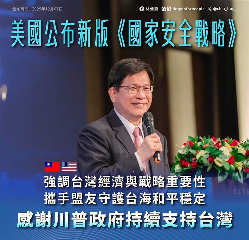 林佳龍今(7)天在臉書發文寫下,美國新版《國安戰略》 強調台灣安全與地位重要性!(圖/翻攝自林佳龍臉書)