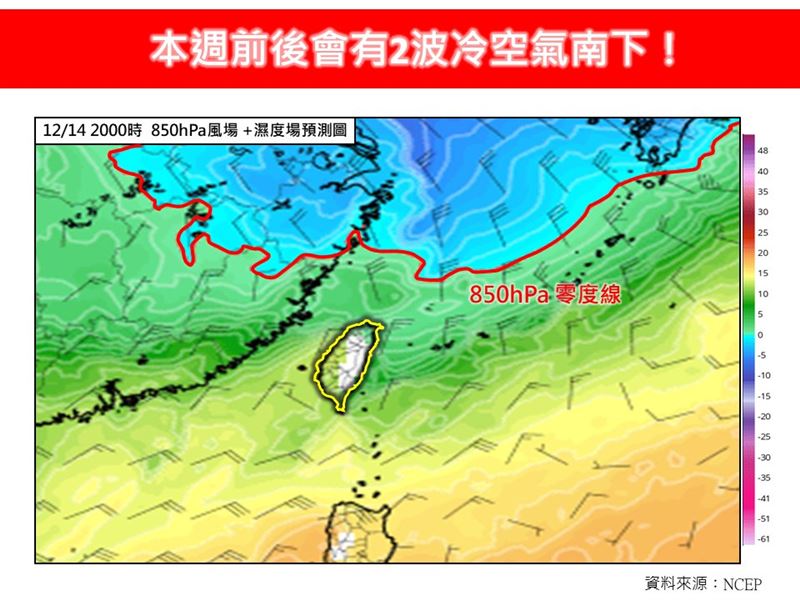 有「0度線」之稱的850hPa等壓線逼近台灣。(圖/翻攝自林老師氣象站)