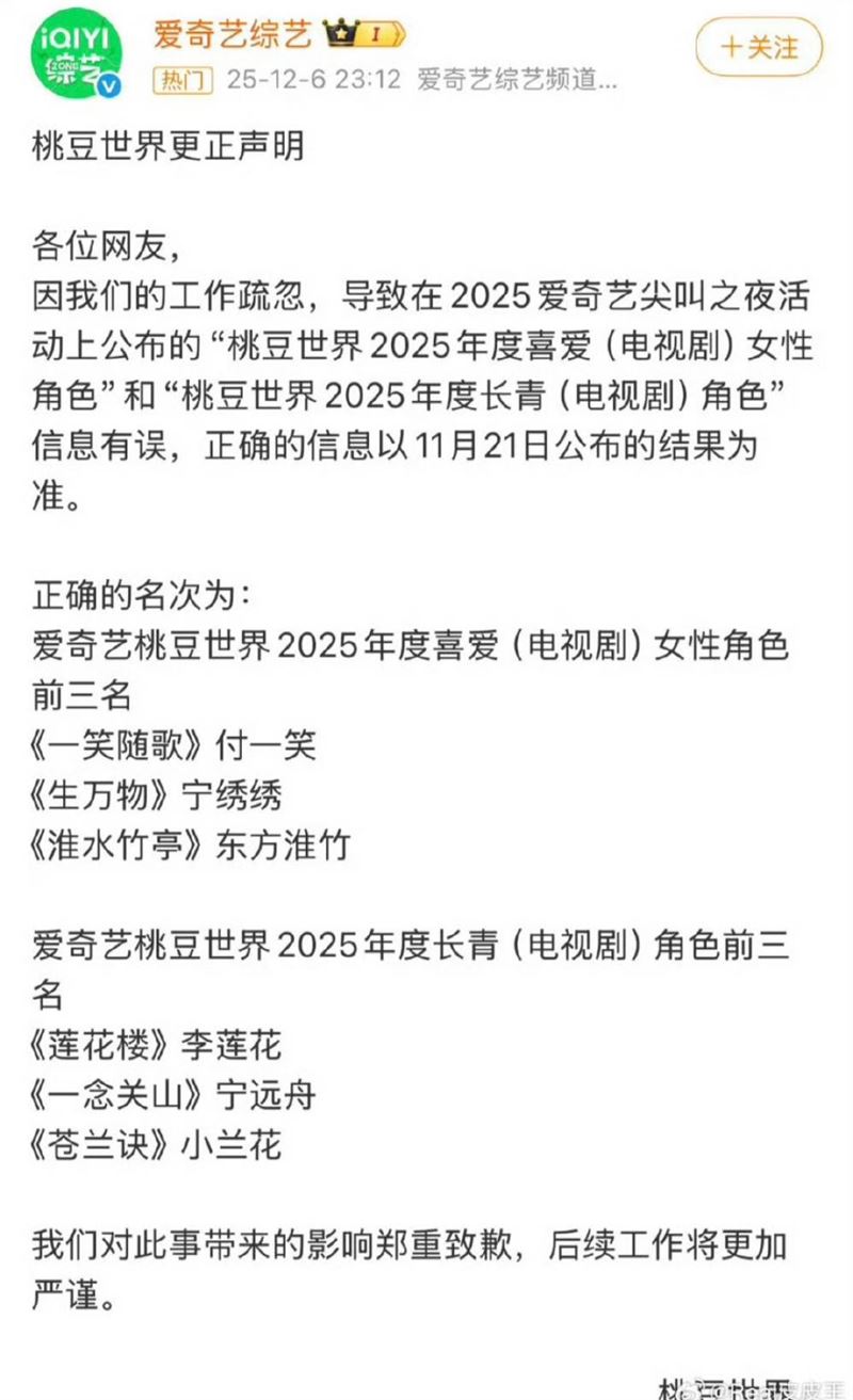 愛奇藝發聲道歉,證實典禮上得獎名單公告有誤。(圖/翻攝自微博)