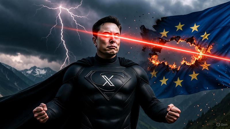 馬斯克化身雷射眼戰神,親手撕裂燃燒的歐盟旗幟,在X社群接獲43億罰款後,反手關掉歐盟在X上的廣告帳號,史詩級清算一觸即發。(圖/AI生成)
