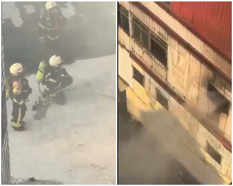 桃園月子餐中央廚房突竄火舌,現場濃煙竄天,消防拉水線灌救。(圖/翻攝自Threads @threads 2o.lll4_)