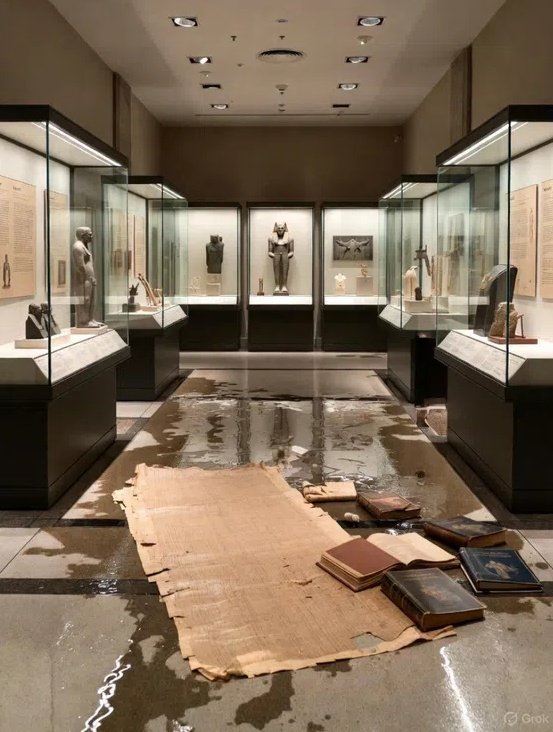 羅浮宮因漏水問題，損壞埃及文物部門數百件館藏，圖為AI生成示意照。（圖／翻攝自X平台 @EuroWatcherEUW）