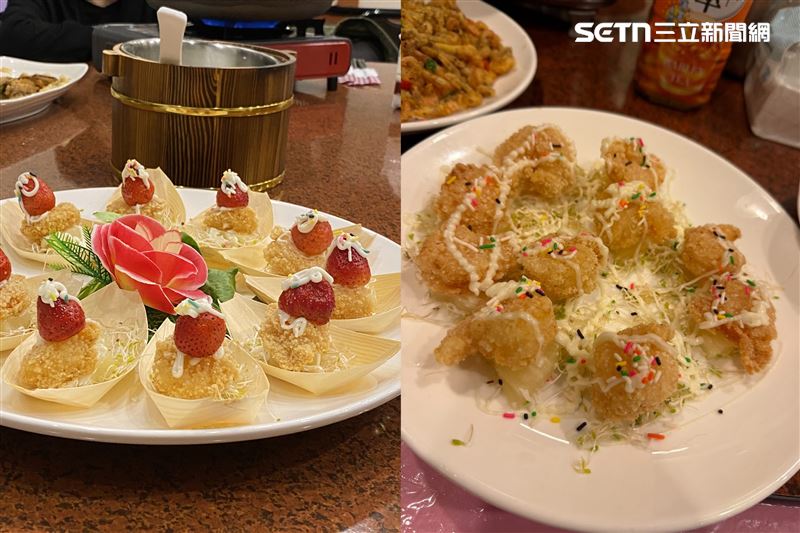 莊小姐在苗栗客家餐廳點「草莓鳳梨蝦球」，但送上桌卻沒有草莓。(圖／讀者提供）