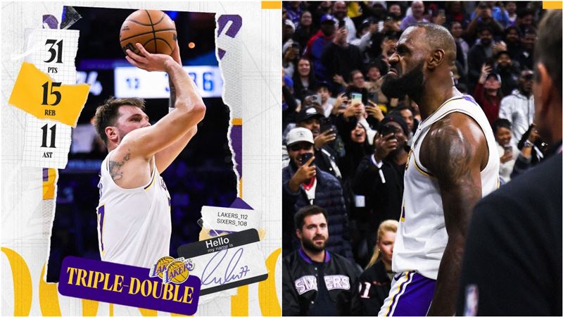 NBA湖人隊球星東契奇（Luka Doncic）、詹姆斯（LeBron James）。（圖／翻攝自X平台 @Lakers）