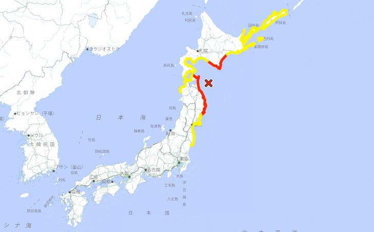 日本青森昨晚發生芮氏規模7.5地震並發布海嘯警報。(圖/翻攝自日本氣象廳)