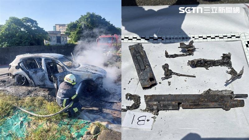 槍手犯案後,開車逃逸,到橋頭區產業道路棄車及犯案用的槍枝、電話,連同車一同焚毀後逃逸。(圖/翻攝畫面)