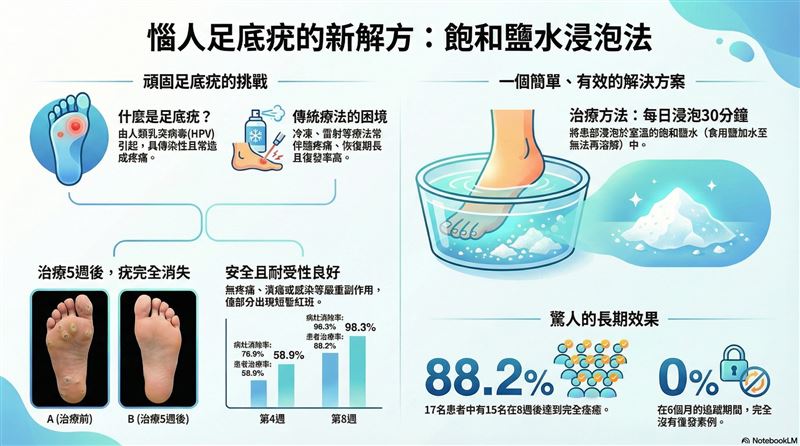 醫師烏惟新表示,最新研究提出一個完全無痛、在家就能做、成本超低的治療法「飽和鹽水浸泡法」。(圖/取自烏惟新醫師的臉書)