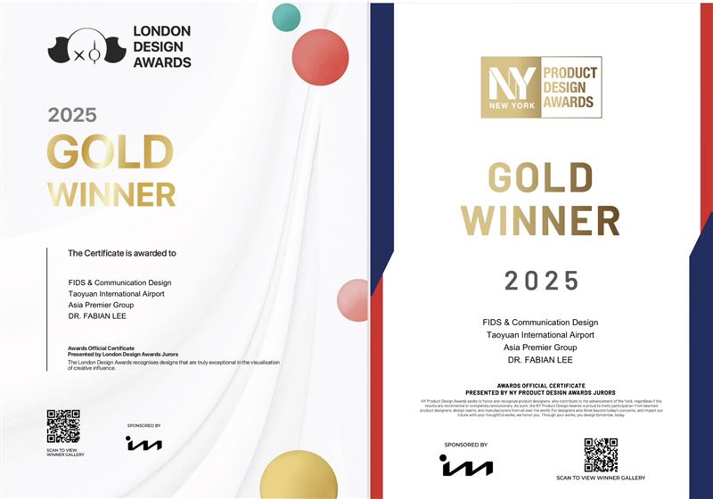 新的FIDS系統是今年8月榮獲倫敦設計獎(圖左)及紐約產品設計獎(圖右)雙金獎後，再摘下三金。（圖／桃園電子報提供）