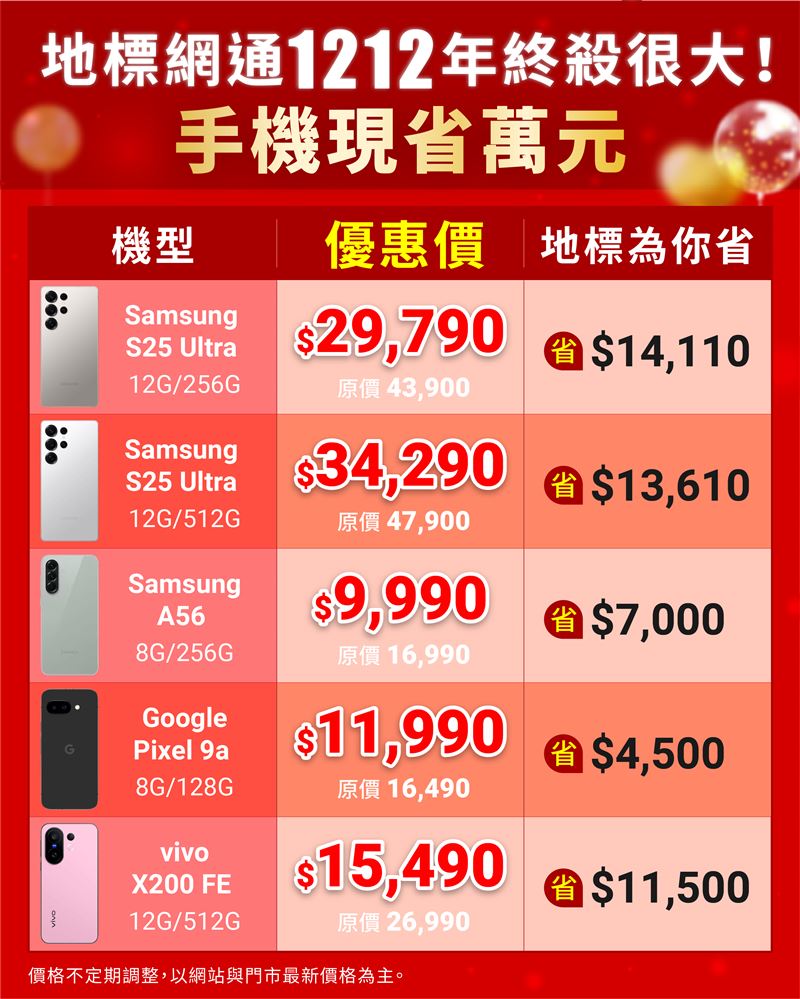 地標網通手機現省萬元，機皇S25 Ultra降價1.4萬。vivo X200 FE(12G/512G)下殺至15,490元