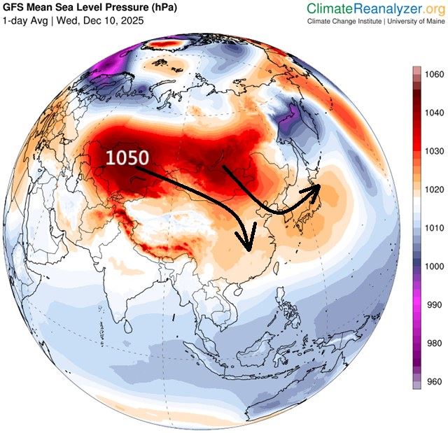 鄭明典曬平均海平面氣壓,陸地上紅色部分為冷高壓現況。(圖/翻攝自鄭明典臉書)