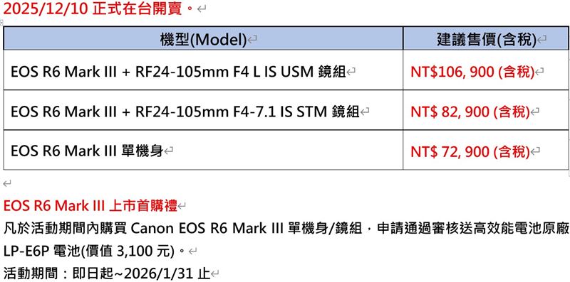 活動期間購買Canon EOS R6 Mark III單機身(價格NT$72,900含稅) 鏡組,申請通過審核送高效能電池LP-E6P電池