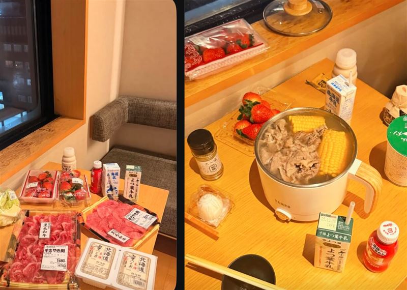 台灣正妹日本住溫泉飯店，自帶鍋子「房間煮牛肉」。（圖／翻攝自Threads）