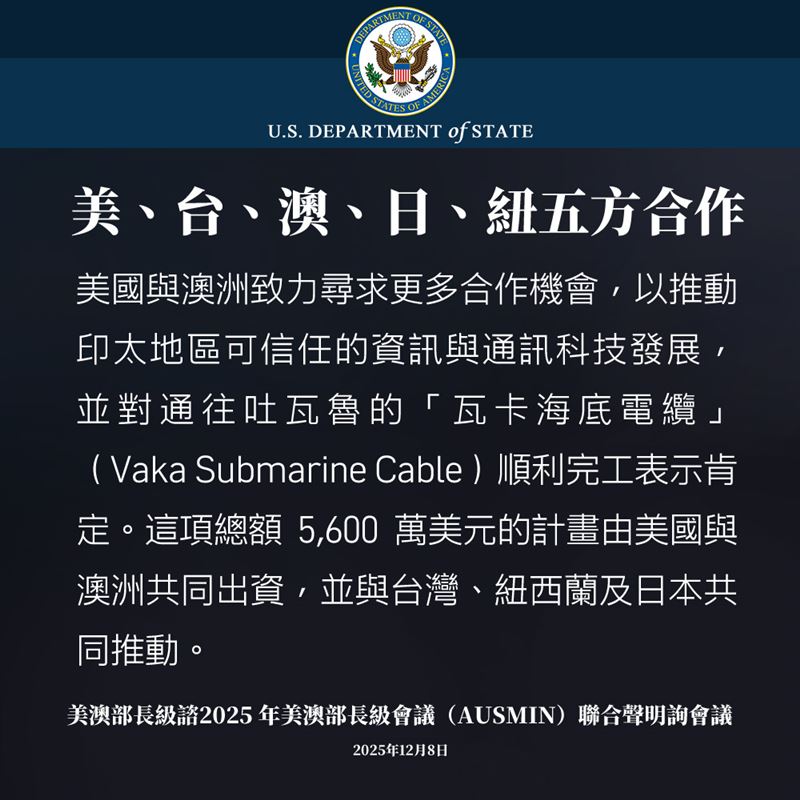 AIT公布「美、台、澳、日、紐五方合作強化網路韌性」，共同打造通往吐瓦魯的「瓦卡海底電纜」（Vaka Submarine Cable）。（圖／翻攝自AIT臉書）