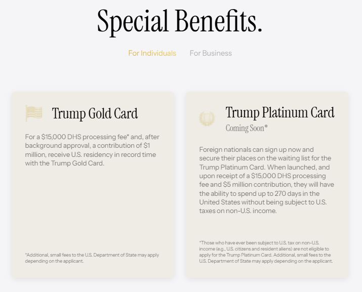 川普新開張的金卡網站,公布相關細節內容。(圖/翻攝自川普金卡申請官網)
