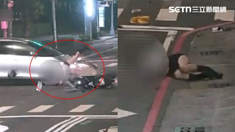 休旅車「導彈式」撞飛26歲鄭姓女騎士,力道之大,女子騰空劈腿,接著重摔翻滾數圈,裸露的雙腿被柏油路磨破皮滲血,臉也掛彩送醫。(圖/翻攝畫面)