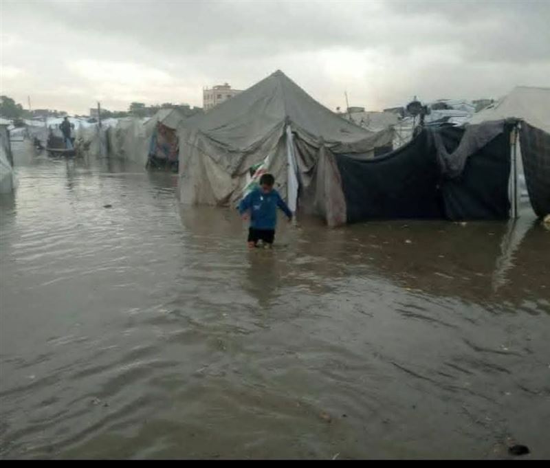 加薩暴雨來襲,難民營水淹及膝。(圖/翻攝自X平台 @AnasAlSharif0)