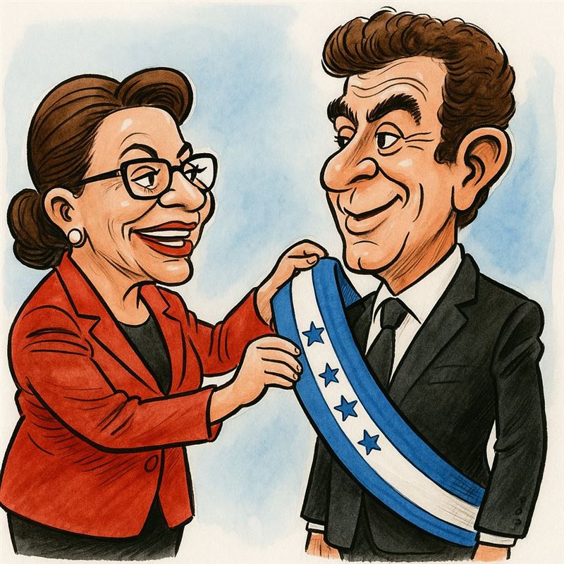 關於宏都拉斯總統夫婦的諷刺漫畫,左為現任總統卡斯楚,又為其丈夫、前總統賽拉亞,圖中顯示卡斯楚把象徵總統權力的背帶從丈夫身上拿過來。(圖/翻攝自X平台 @alianza_gop)