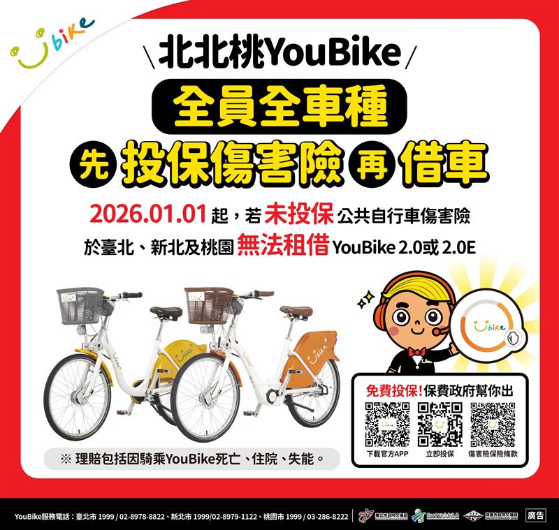 台北、新北、桃園YouBike全車種(含電動輔助車)明年起強制投保,未保公共自行車傷害險者不得租借。(圖/台北市政府交通局提供)