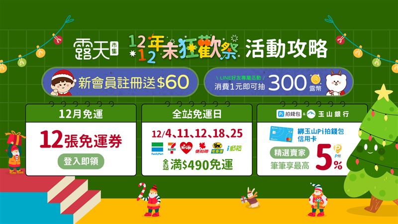 露天市集即日起至12月14日前註冊新會員消費滿599元現折60元;單筆消費滿額最高再送全站折價券120元。(圖/品牌業者提供)