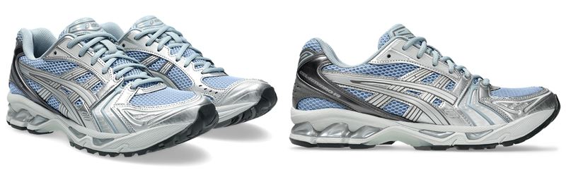 人氣萬步鞋款GEL-KAYANO 14以大面積金屬銀鞋面搭配柔和藍色與灰調層次,展現冬季霜感般的冷色調光澤。(圖/品牌業者提供)