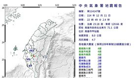 22：49高雄4.7地震　9縣市有感。（圖／氣象署）