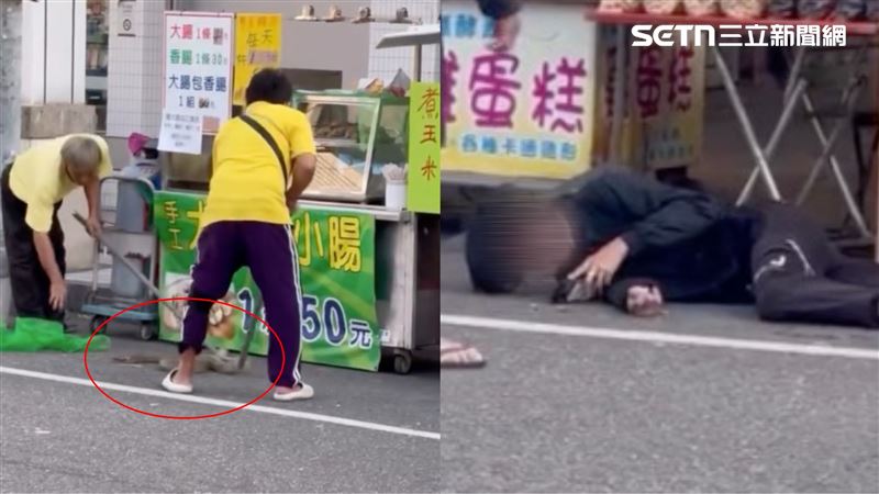攤商手忙腳亂抓蛇，甚至形容蛇的「粗度單手握不住」，反觀飼主倒地還能滑手機，只想說一句：母湯出來害人。（圖／翻攝自Threads @_zhii._）