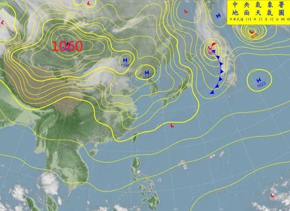 鄭明典表示,1060百帕屬於偏強的冷高壓。(圖/翻攝自中央氣象署)