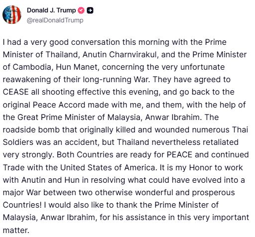 川普日前PO文表示，泰柬兩國已經同意停火。如今兩國再度開戰。（圖／翻攝自川普的Truth Social）