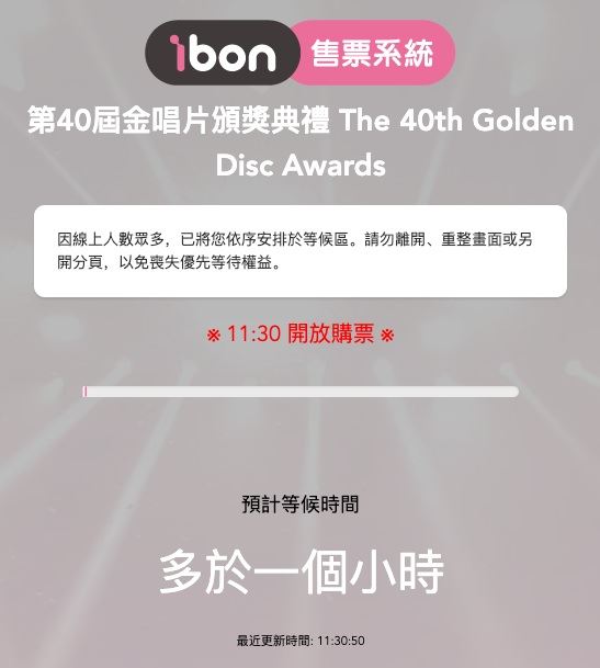 有不少粉絲一進到售票網頁就需要排隊一小時。（圖／翻攝自ibon售票網站）