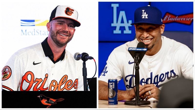 阿隆索（Pete Alonso）、狄亞茲（Edwin Diaz）同天在新東家亮相。（圖／翻攝自金鶯 X、道奇X）