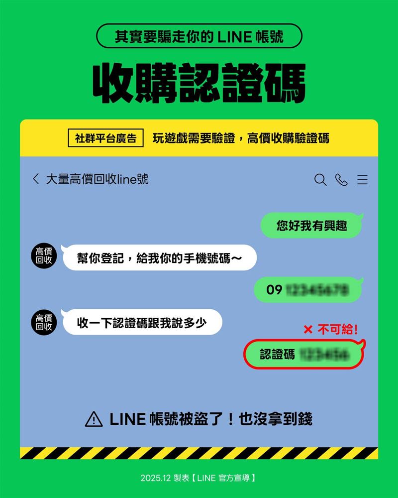 把LINE簡訊認證碼賣給他人,帳號馬上被盜。(圖/翻攝自LINE)