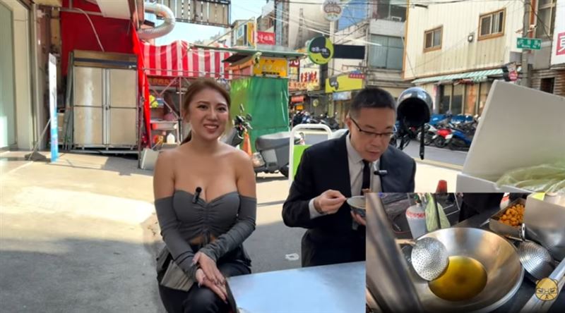 朱學恒出獄後馬上拜訪台中大甲地瓜球攤,訪問時刻意與辣妹闆娘保持一定距離(圖/翻攝自萬事通事務所YouTube)